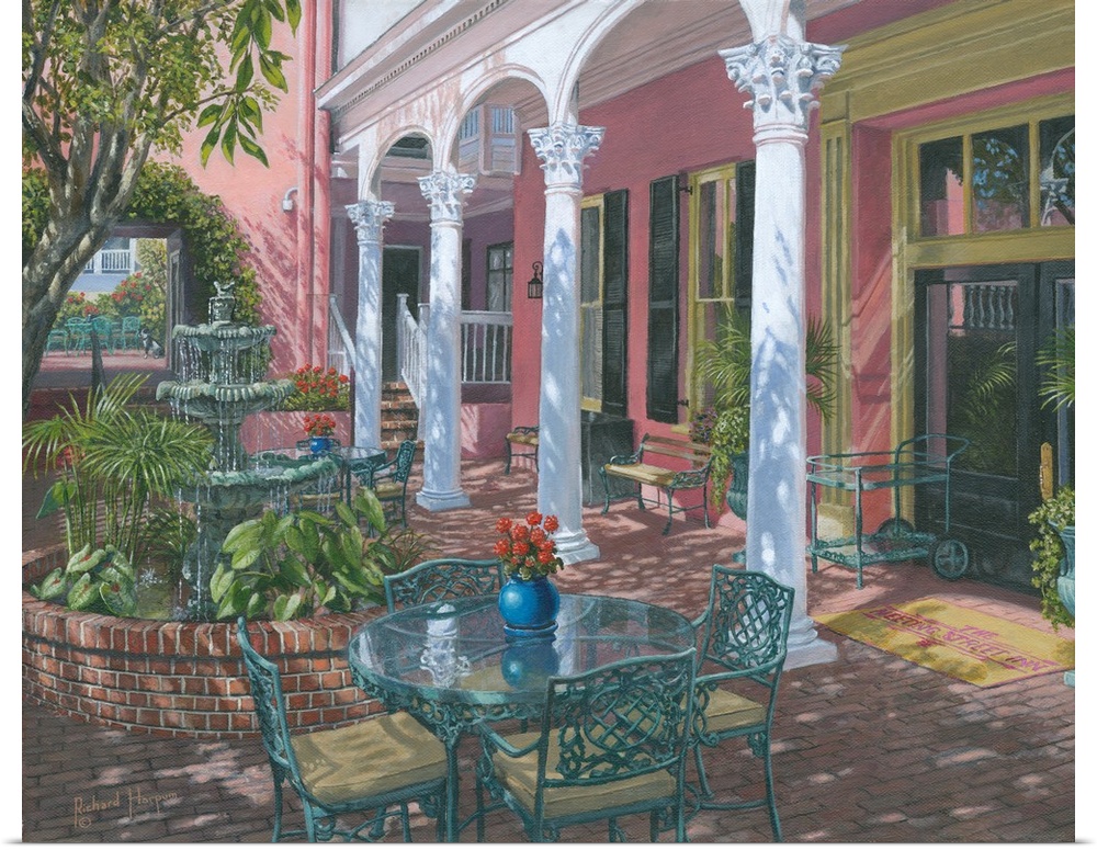 Contemporary artwork of a courtyward garden, with a table and chairs.