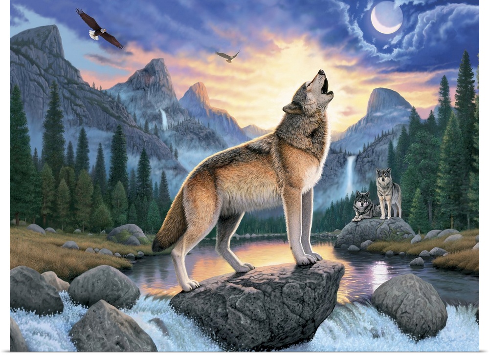 Fantasy style artwork of a wolf standing on a rock in a rapid howling at the moon that is peaking out from the clouds.
