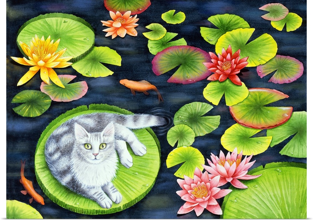 Artwork of a gray cat laying on a big lily pad in a koi pond.