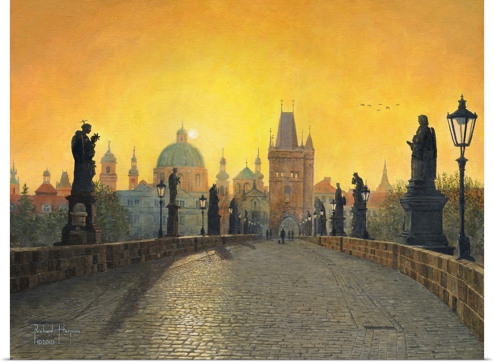 Contemporary artwork of a view across a long old bridge lined with statues, toward a city filled with green domed building...
