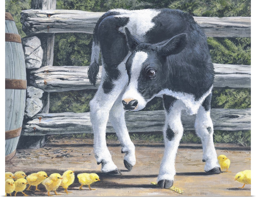 Contemporary painting of a calf surrounded by little bright yellow chicks.