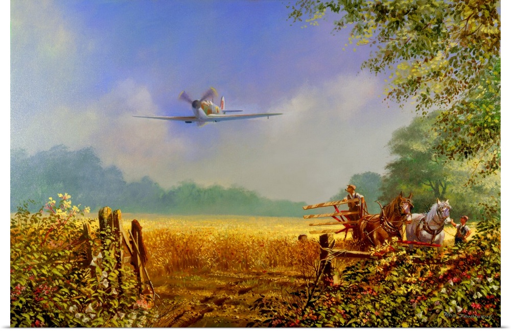 Painting of a military plane flying over a rural farm landscape.