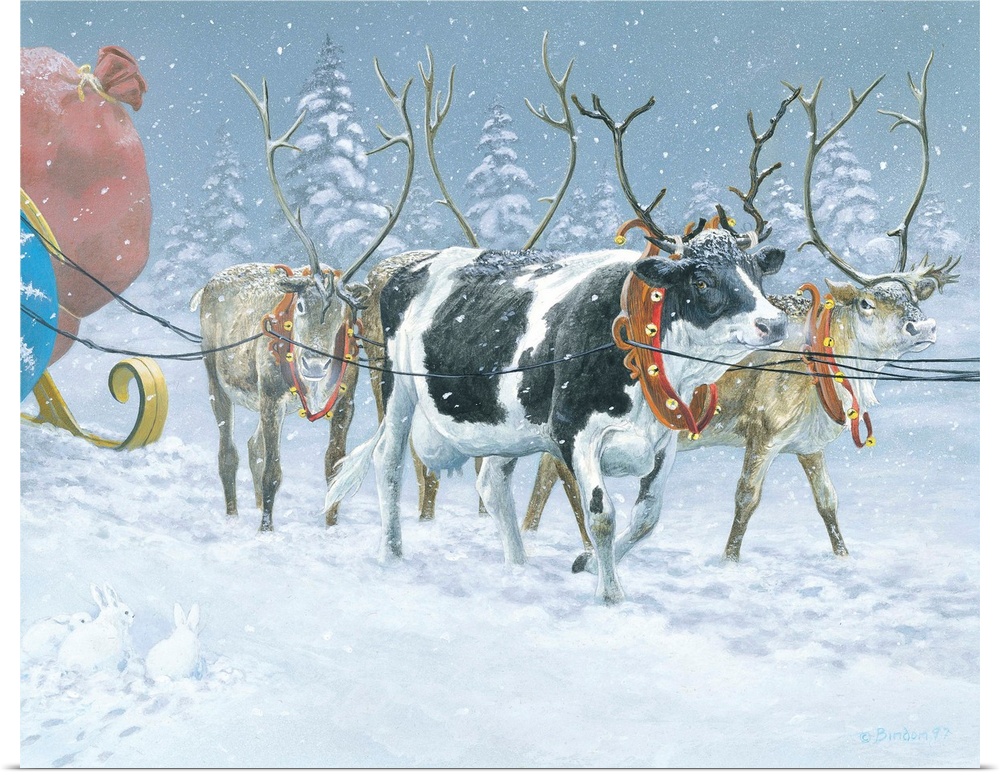 Contemporary painting of a cow wearing fake antlers joining the reindeer on Santa's sleigh.