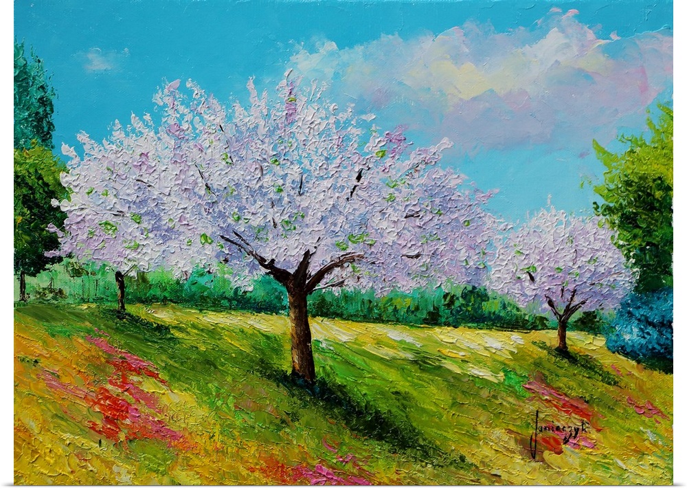 Painting of a rural landscape of purple flowering trees.