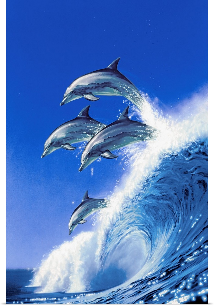 dolphins riding above a blue wave