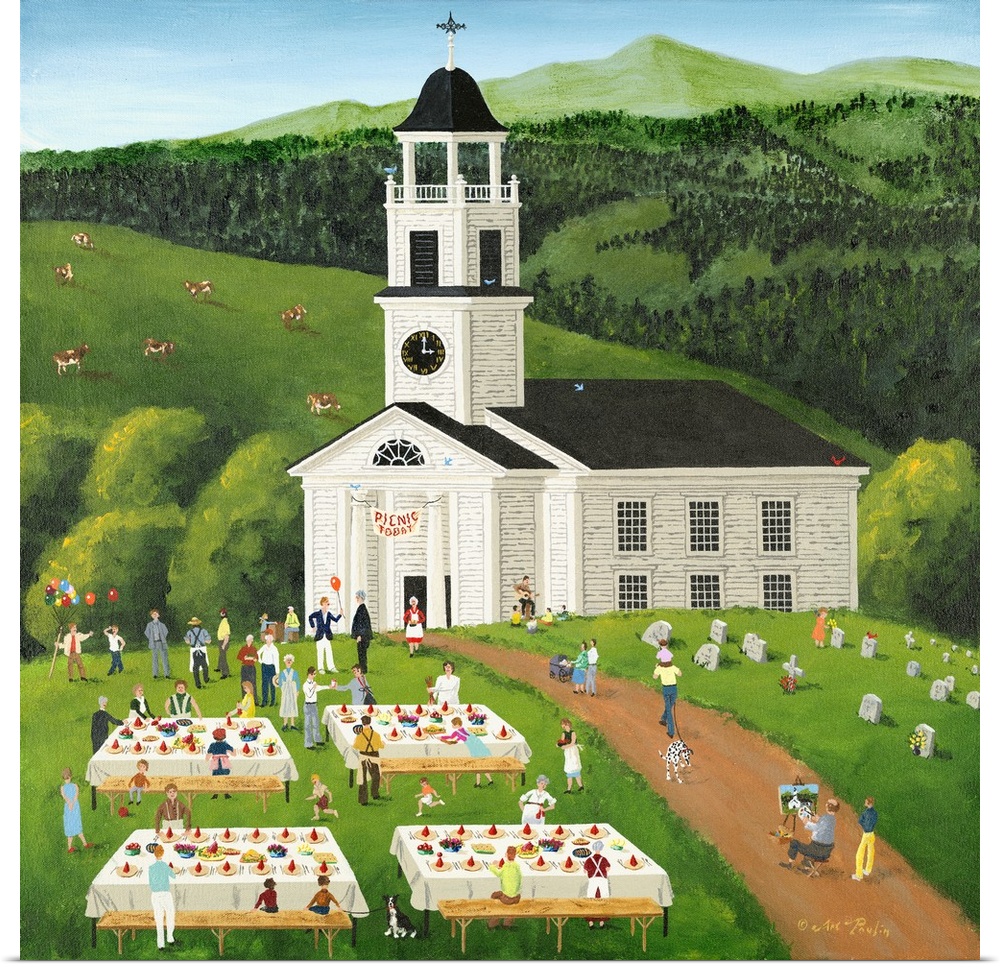 Americana scene of people enjoying a picnic outside of a church in the countryside.