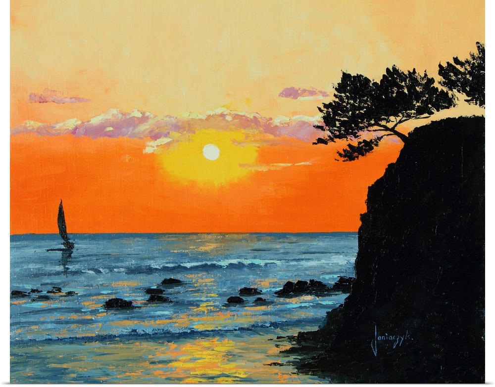 Contemporary painting of a seascape at sunset with the silhouette of a sailboat on the water.