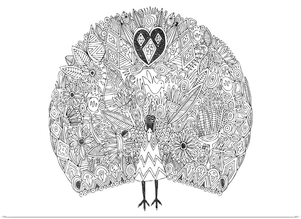 Black and white line art of a peacock displaying its plumage with images inside the line work.