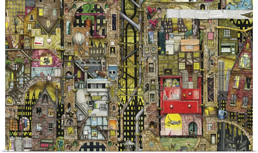 Highly detailed illustration featuring assorted buildings in various states of repair.