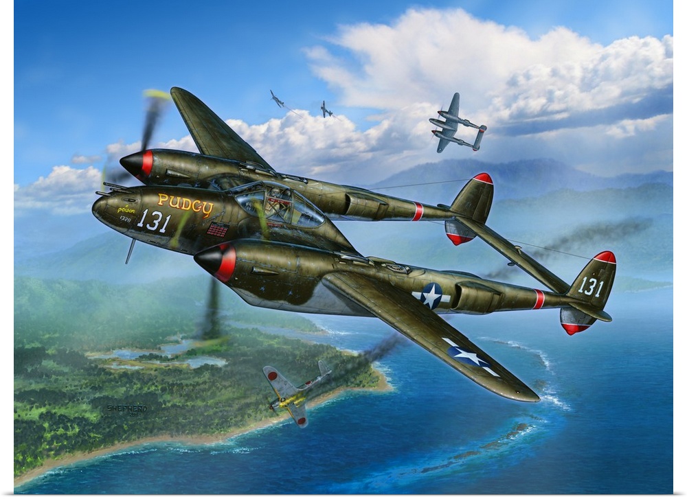 Tomas McGuire guides his famed P-38 Lightning "Pudgy" to another victory over a South Pacific island in 1943.