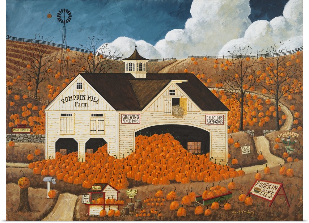 Americana scene of a white barn overflowing with pumpkins.