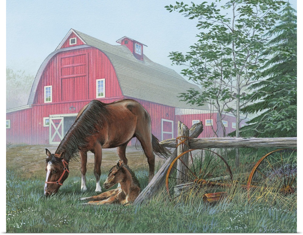 Painting of a mother horse and her foal in the fog of the early morning.