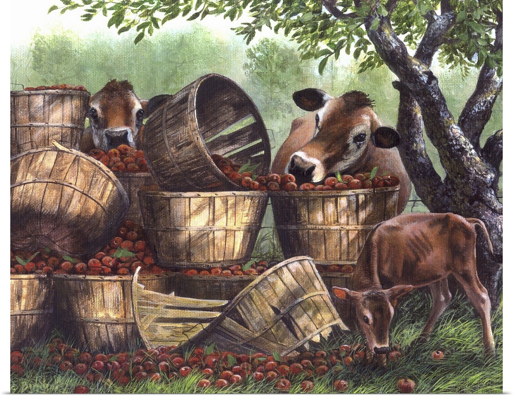 Contemporary painting of cows getting into the basket of freshly picked red apples.