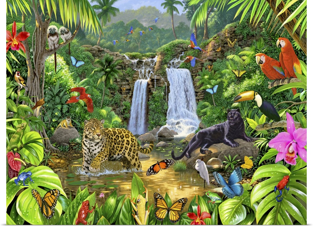 Large painting of different animals in a rainforest with two waterfalls flowing in the background.