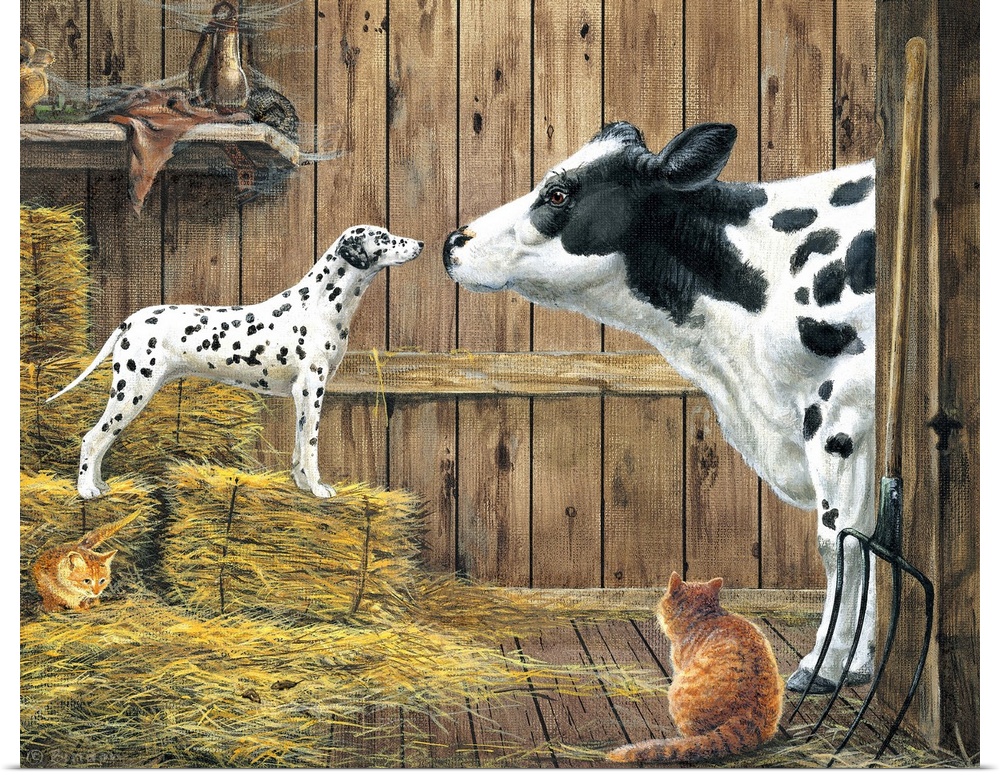Contemporary painting of a cow and dalmatian standing nose to nose staring at each other.