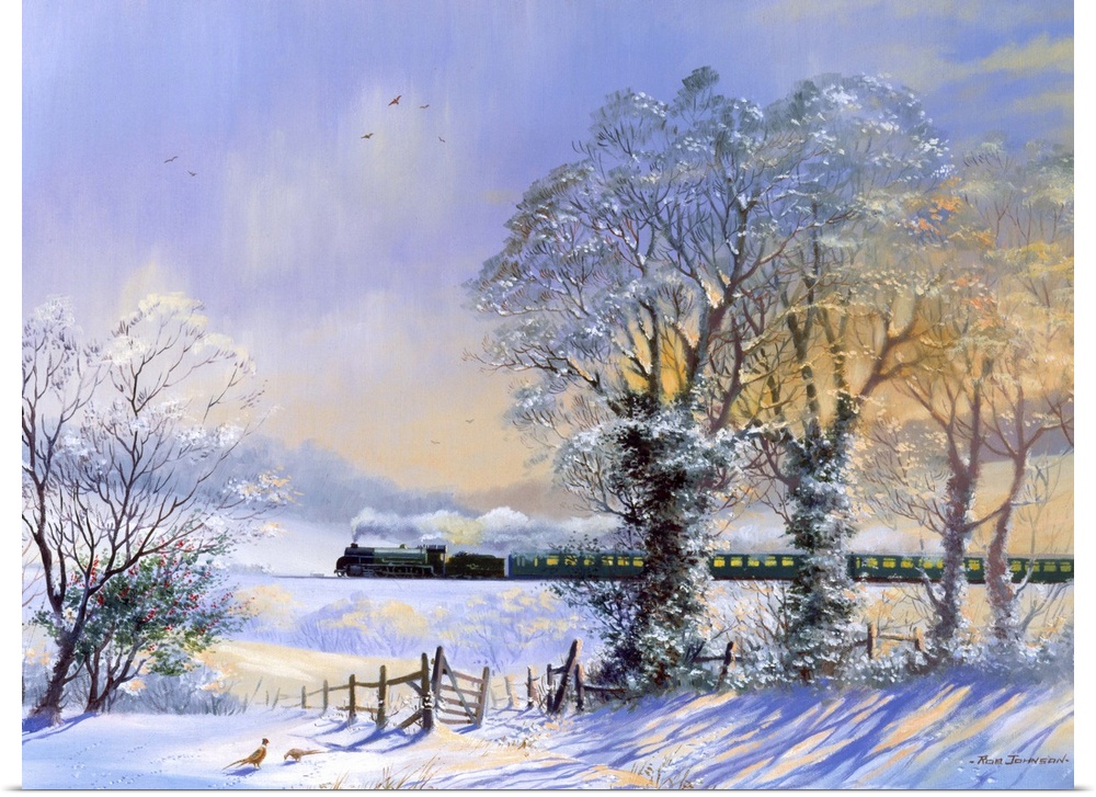 Contemporary painting of a train traveling through a snowy rural landscape in winter.
