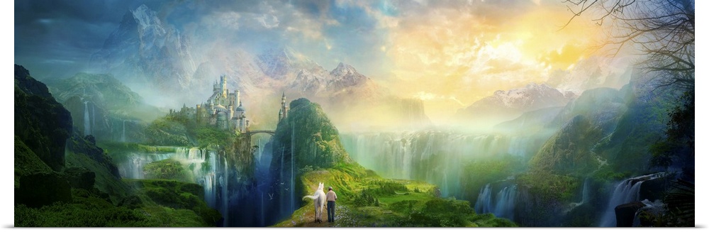 Fantasy artwork of man walking a white horse through a magical and serene looking valley, with endless waterfalls and a ca...