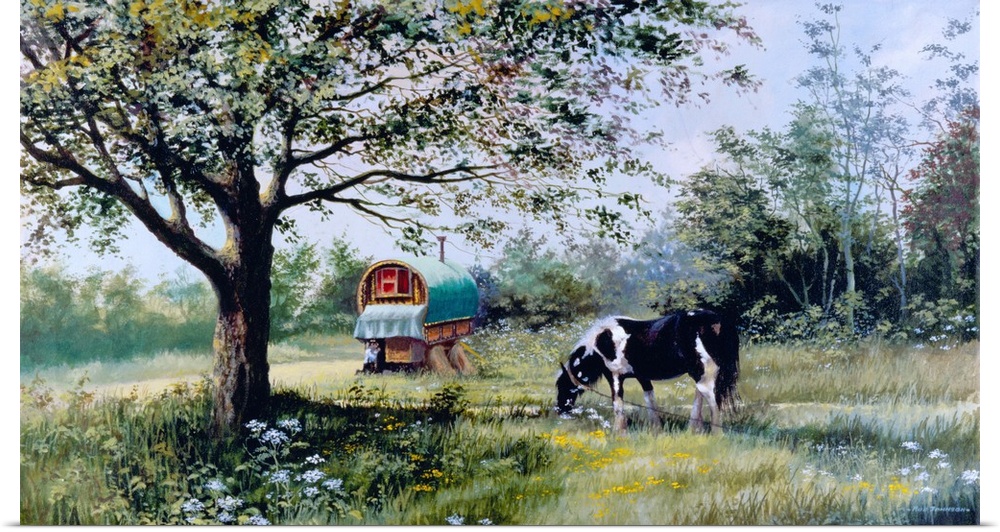 Contemporary painting of a black and white horse grazing on lush greens near a gypsy train car.