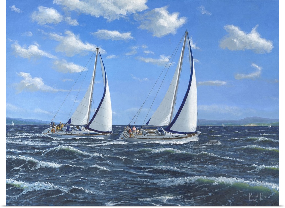 Contemporary artwork of two sailboats on open seas.