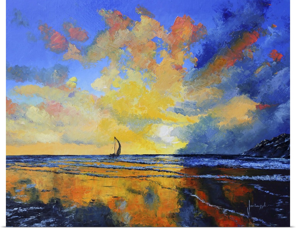 Painting of a sailboat on a calm sea at sunset.