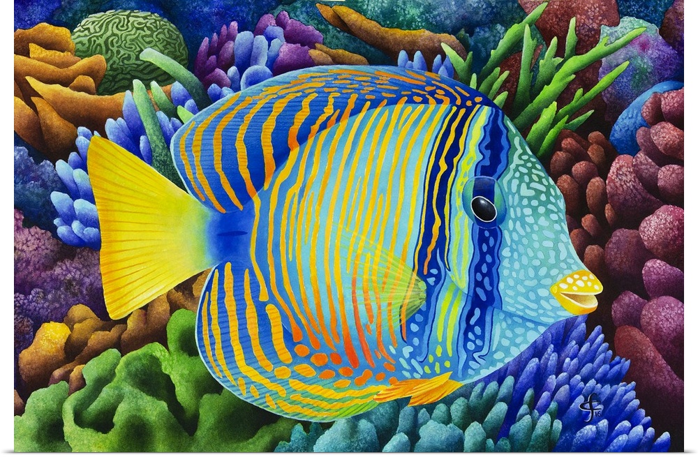 Whimsy watercolor painting of a colorful tropical fish with coral reefs in the background.