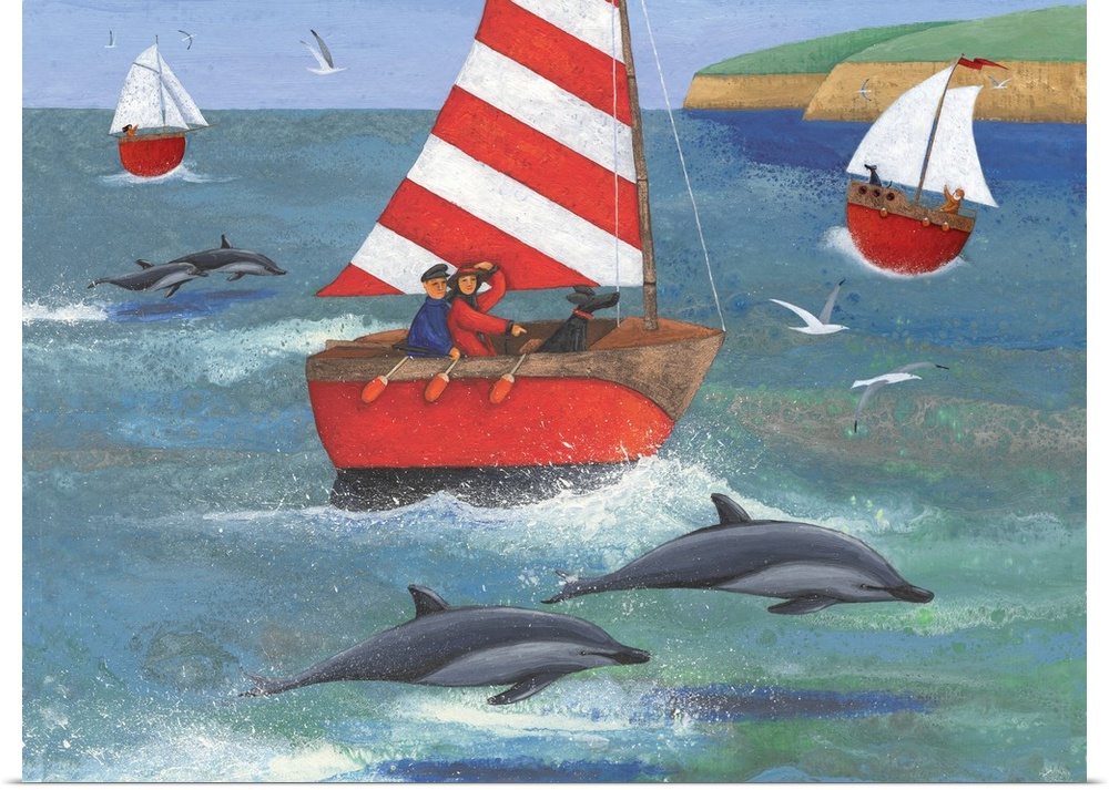 Contemporary nautical themed painting of people sailing in the bay with dolphins jumping out of the water.