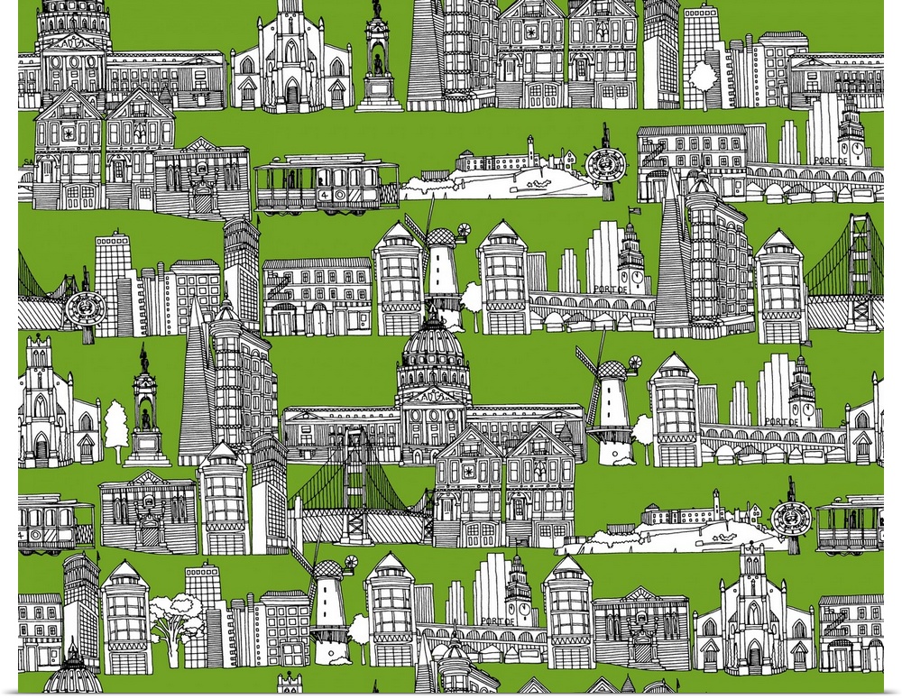 repeating pattern ~ Ink illustrated hotchpotch of San Francisco city landmarks, monuments and buildings.