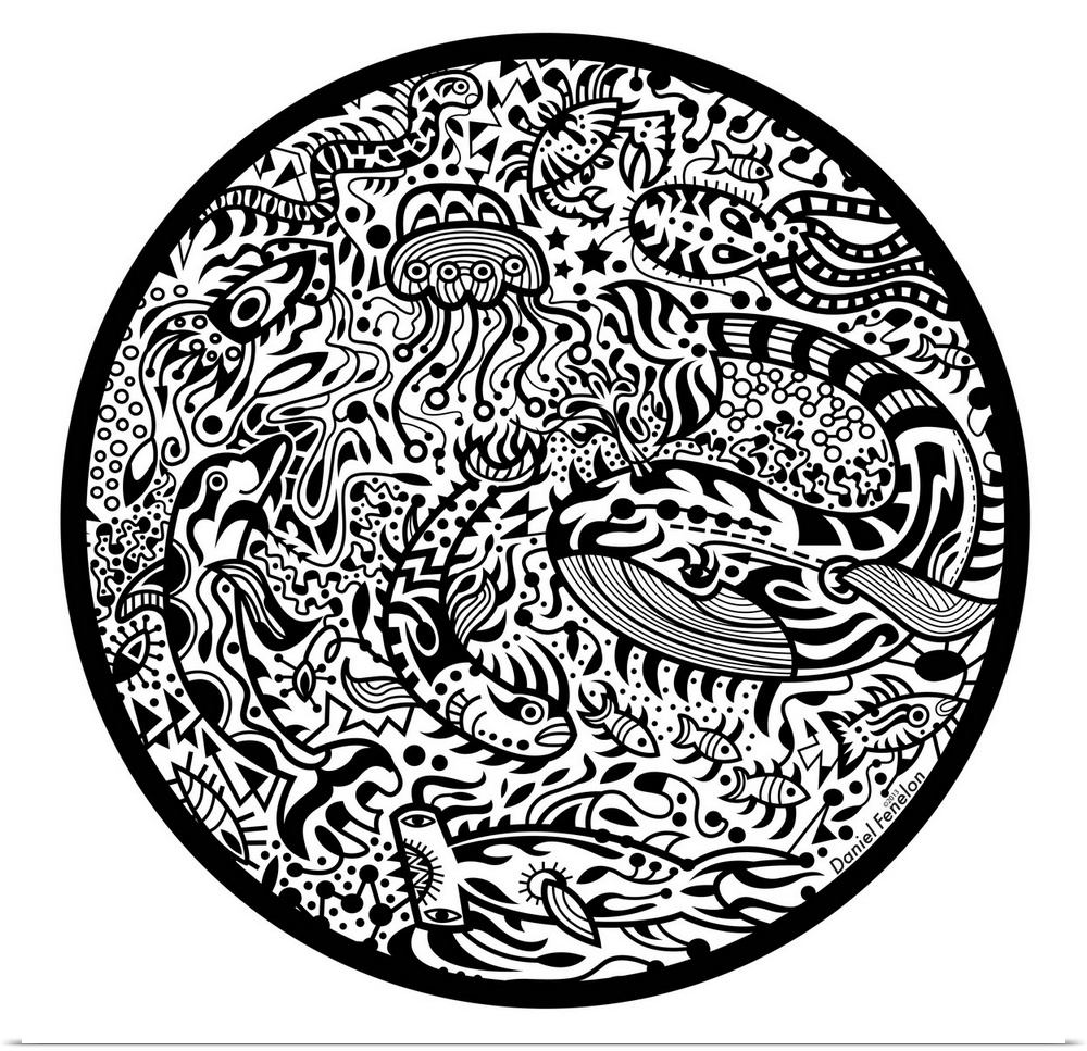 Contemporary mural artwork of marine life and other abstract figures in a confusion of monochromatic patterns.