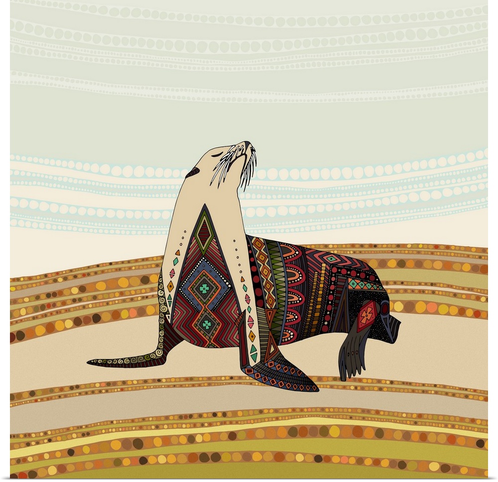 Illustration of a sea lion with geometric patterns.