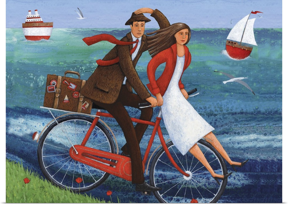 Contemporary painting of a woman sitting on the handle bars of a red bike while a man pedals it.