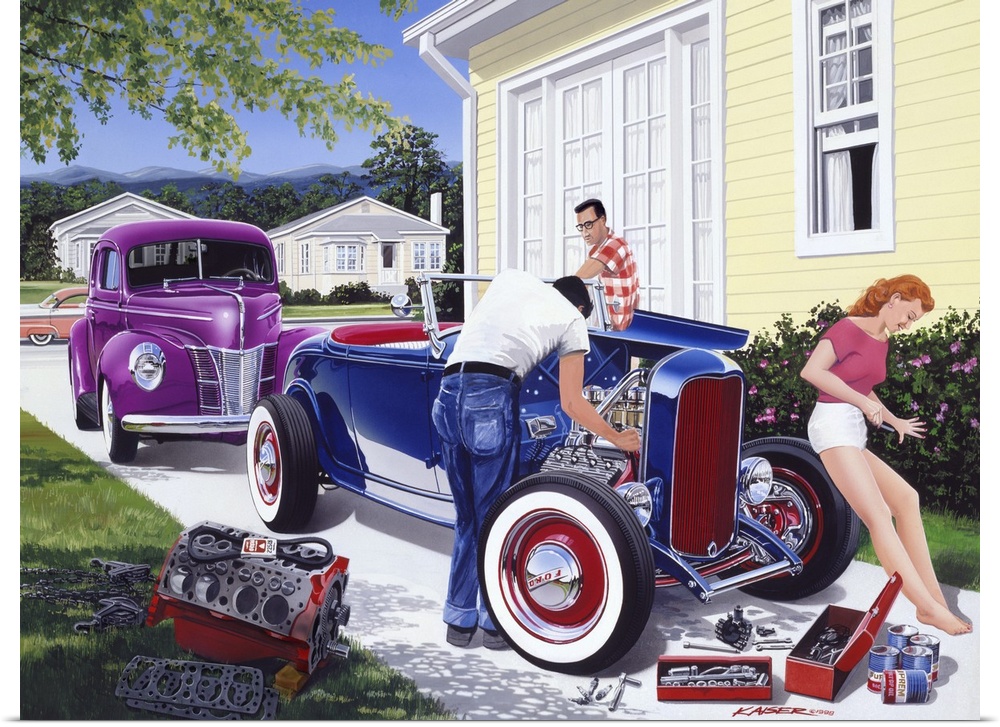 Painting of three people working on a 1932 Ford hot rod in the late 1950s on canvas.