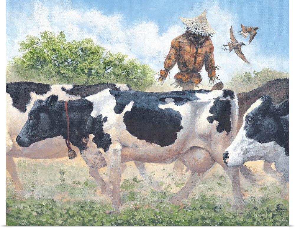 Contemporary artwork of a herd of cows walking through a field kicking up dust.