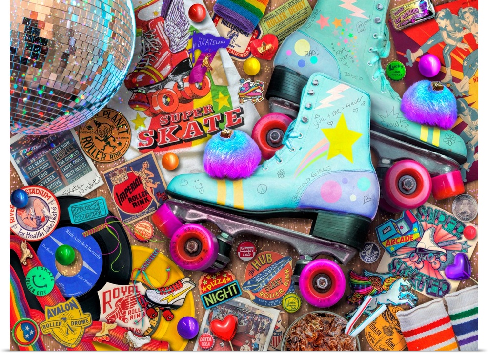 Photograph of 80's style roller skating paraphernalia including roller skates, a disco ball, pins, a record, sweat bands, ...