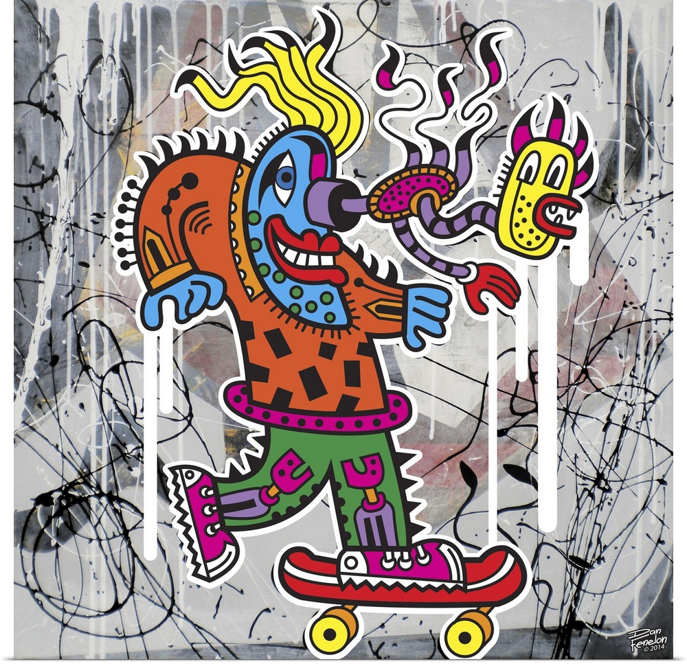 Contemporary painting of a colorful and decorative monster riding a skateboard against an abstract background.