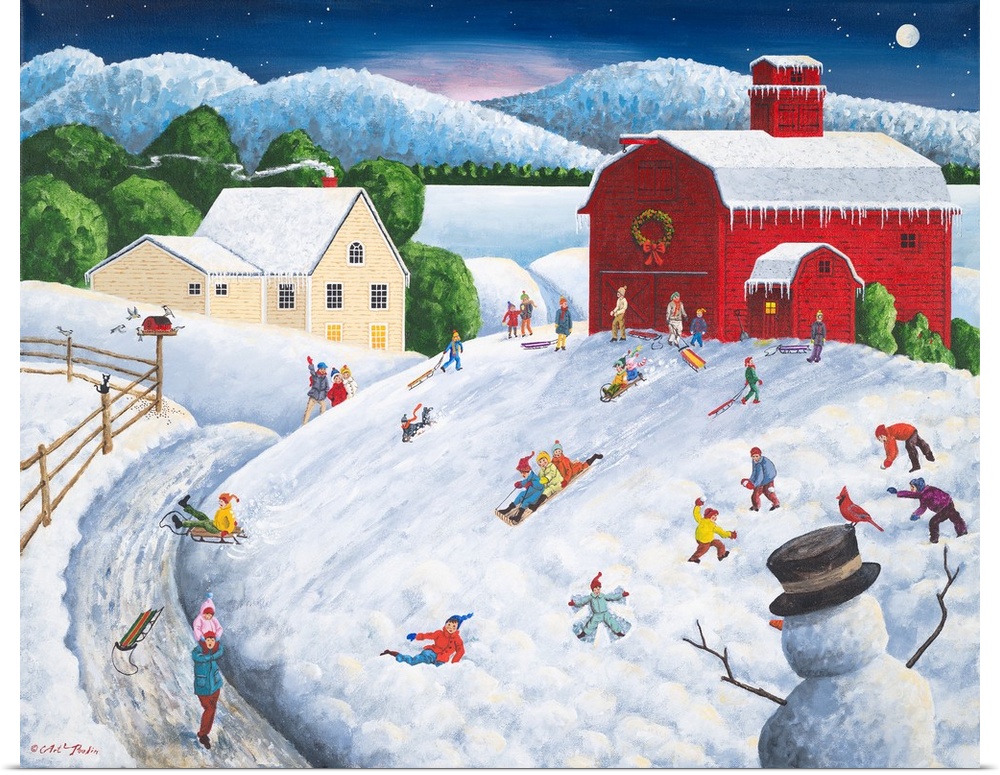 Americana scene of children sledding on a hill near a red barn.