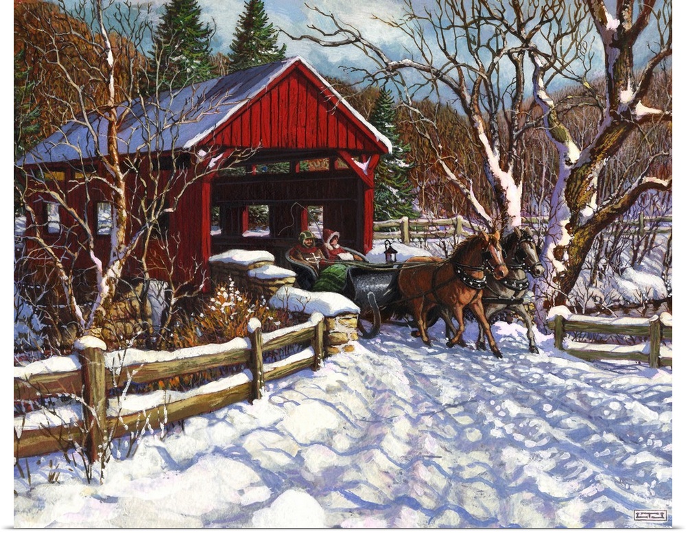 A New England winter sleigh scene with covered bridge.