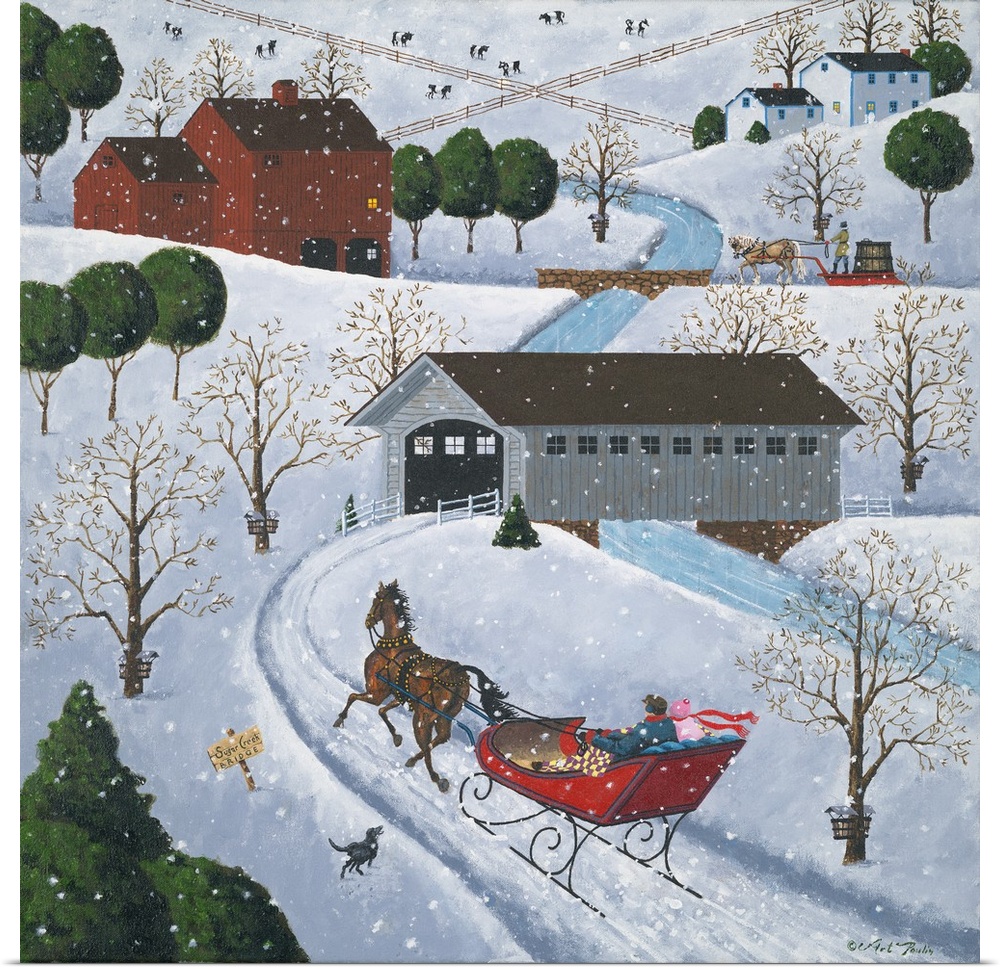 Americana scene of a couple in a horse-drawn sleigh heading towards a covered bridge.