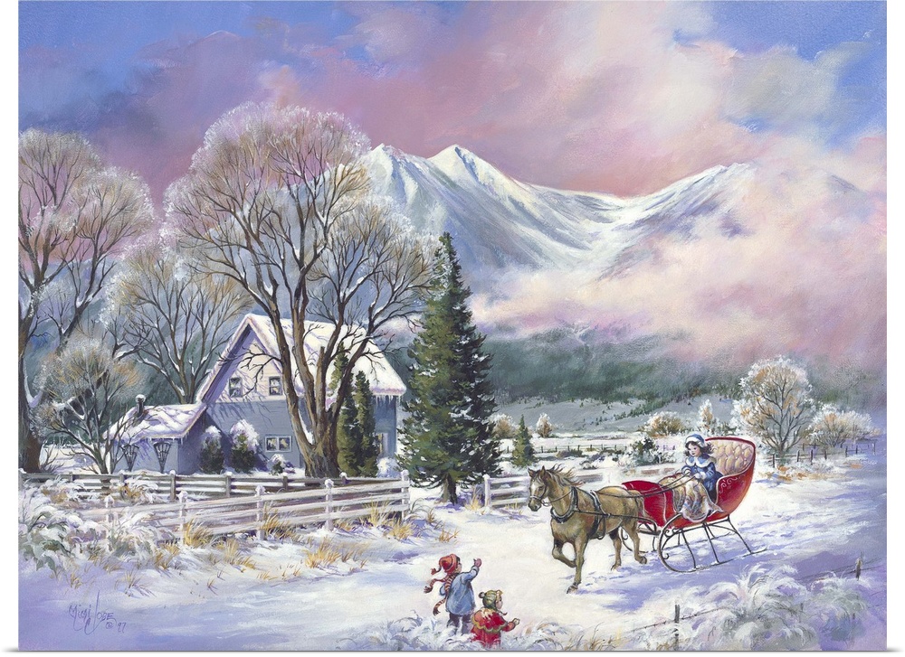 Contemporary painting of two children waving to a horse drawn sleigh in winter.