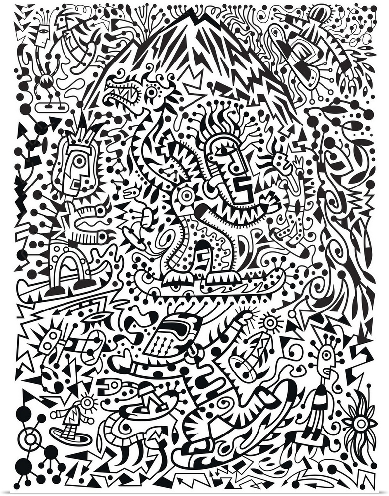 Contemporary mural artwork of monsters and other abstract figures in a confusion of monochromatic patterns.