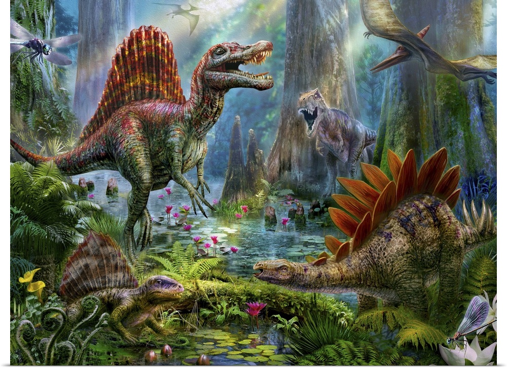Colorful artwork of a dinosaurs in a tropical paradise.