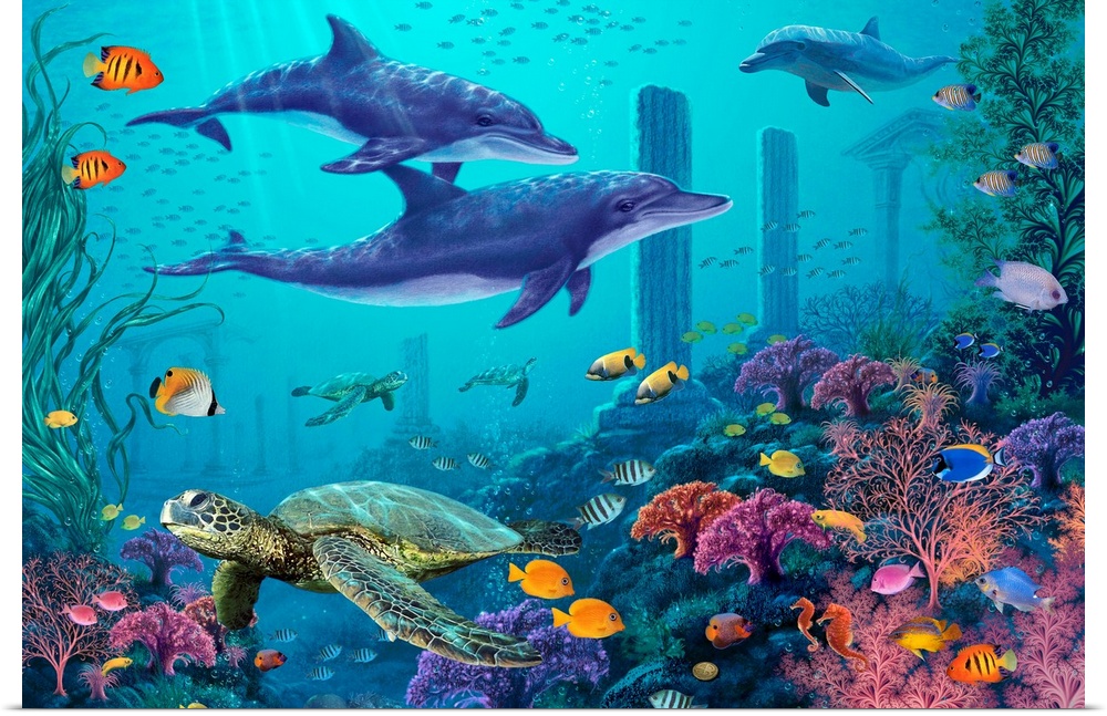 Big, horizontal artwork of underwater remnants of Atlantis, surrounded by vibrant coral and tropical fish, as well as seve...
