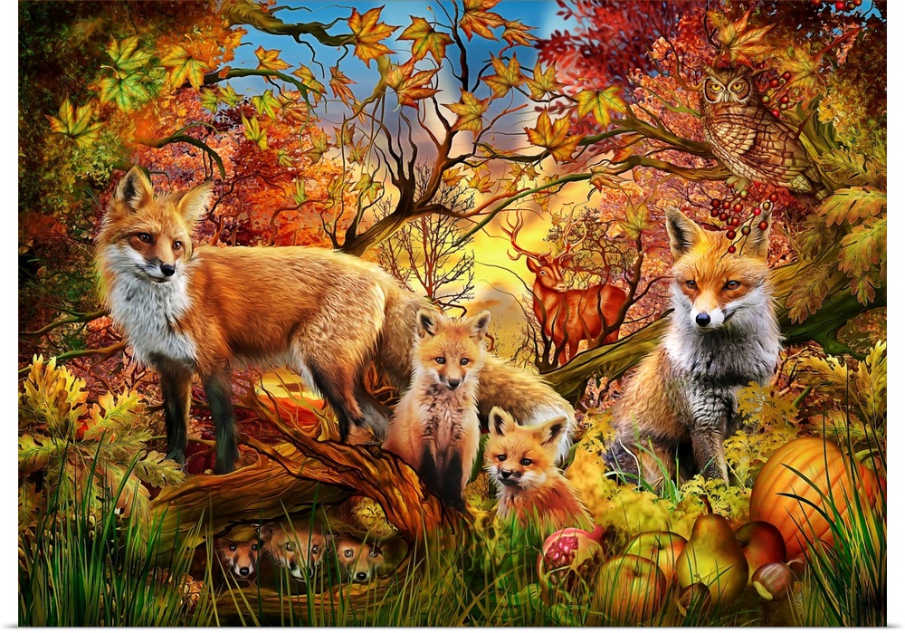 Illustration of a family of foxes in the Fall colored woods.