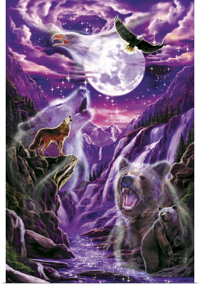 This fantastic vertical artwork made with very vivid colors shows a bald eagle, brown bear, and a wolf in a river canyon u...