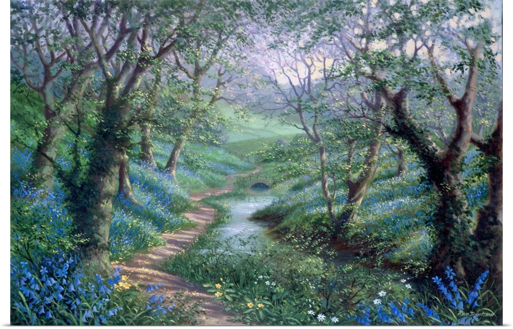 Contemporary painting of winding path through lush forest.
