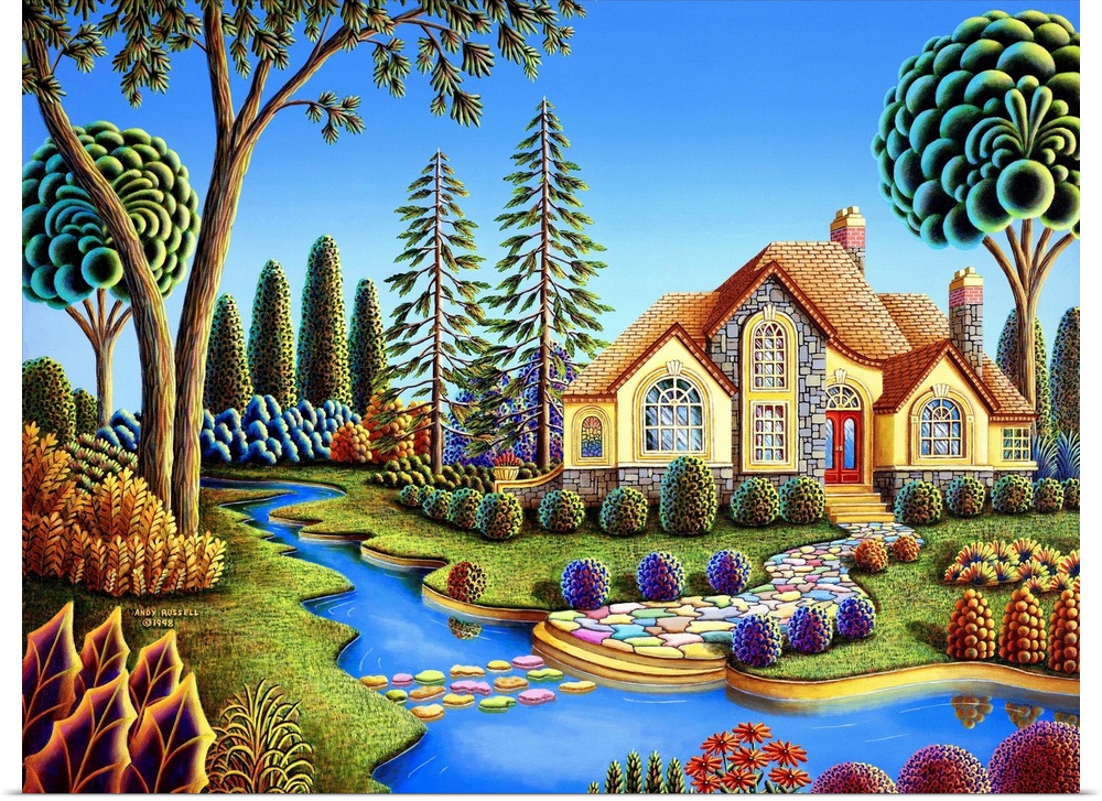 Contemporary painting of a countryside cottage surrounded by vibrant lush foliage.