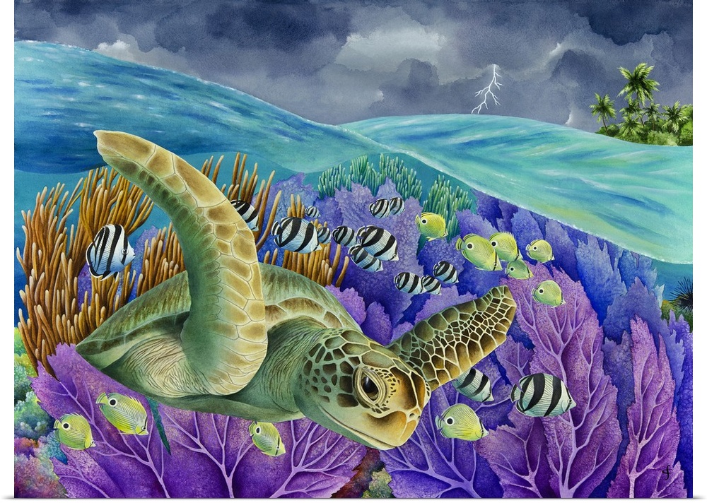 Whimsy watercolor painting of a sea turtle surrounded by tropical fish in the reefs, while overhead is an overcast, stormy...