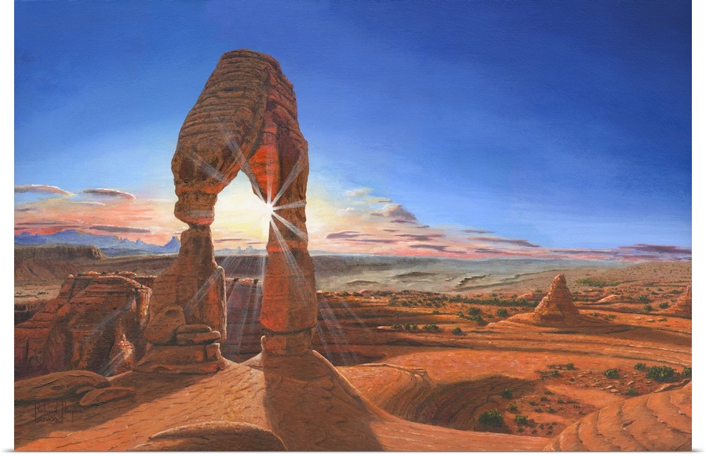Contemporary artwork of a delicate looking natural rock arch overlooking a desert vista.