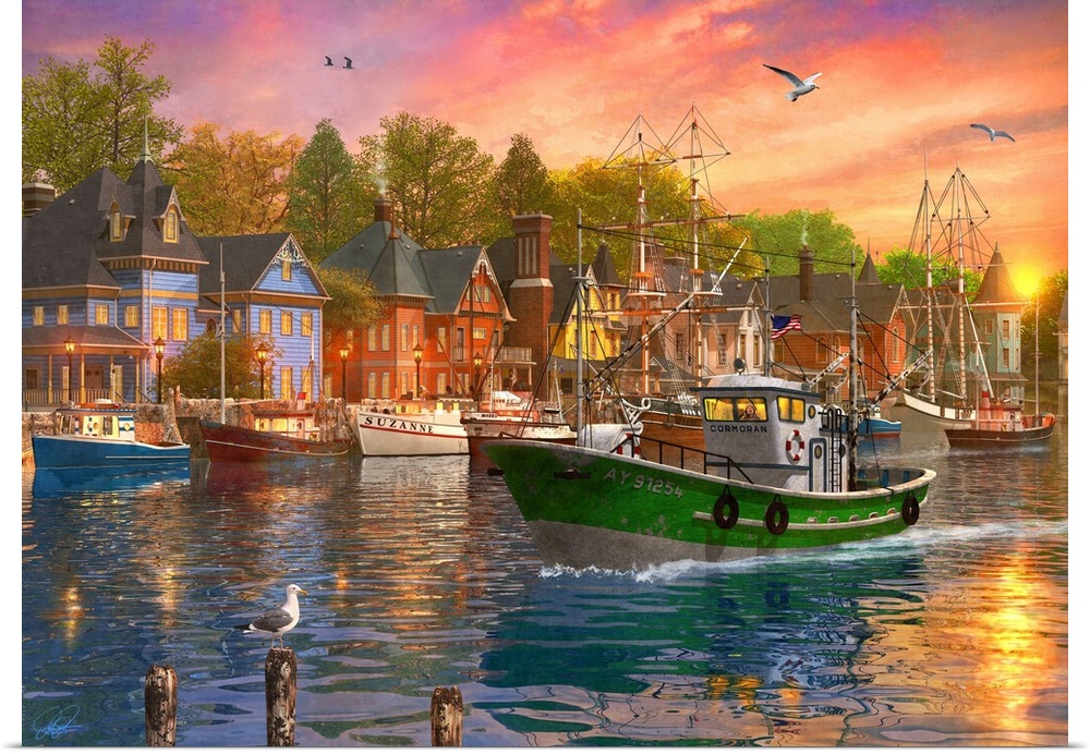 Illustration of a fishing trawler arriving in the harbor at sunset.