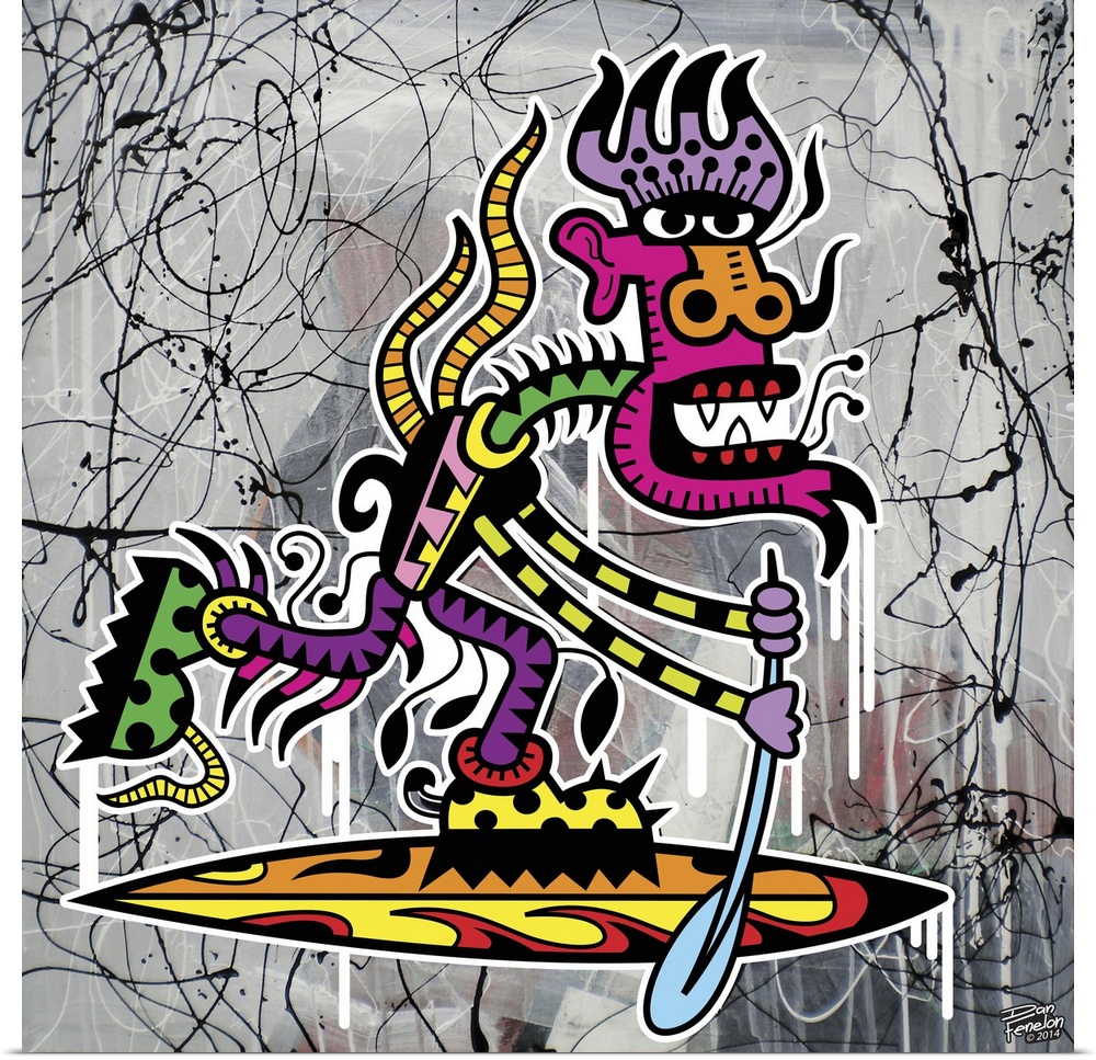 Contemporary painting of a colorful and decorative monster paddle boarding, against an abstract background.