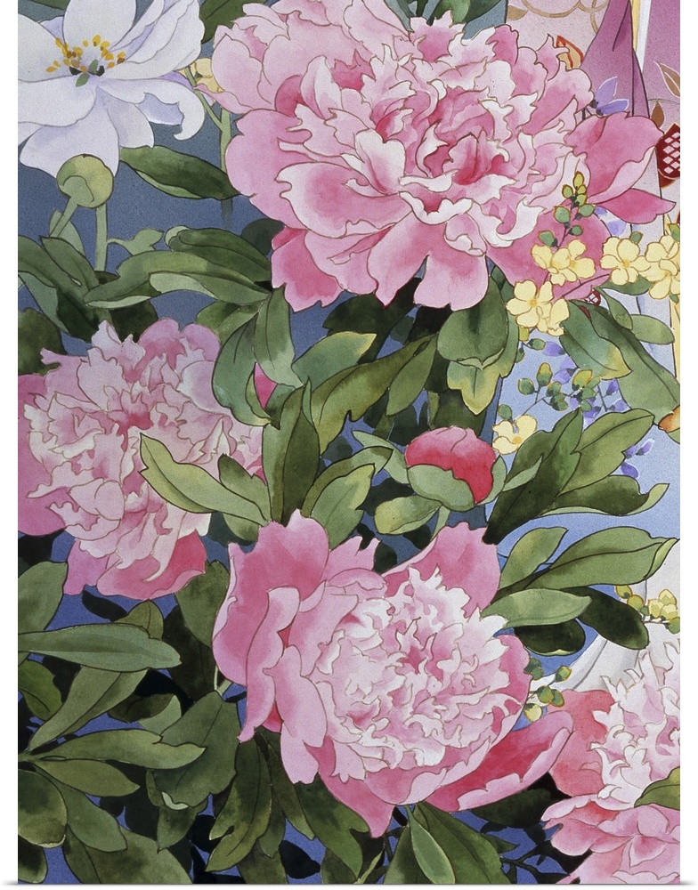 Contemporary colorful and lavish looking Asian artwork of beautiful pink flowers.